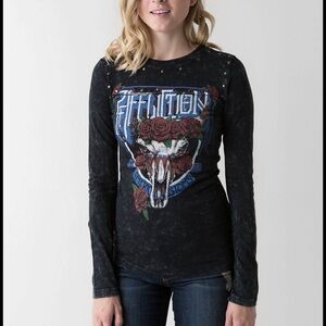 Affliction Women's American Customs Blake Long Sleeve Graphic Shirt Studs XS